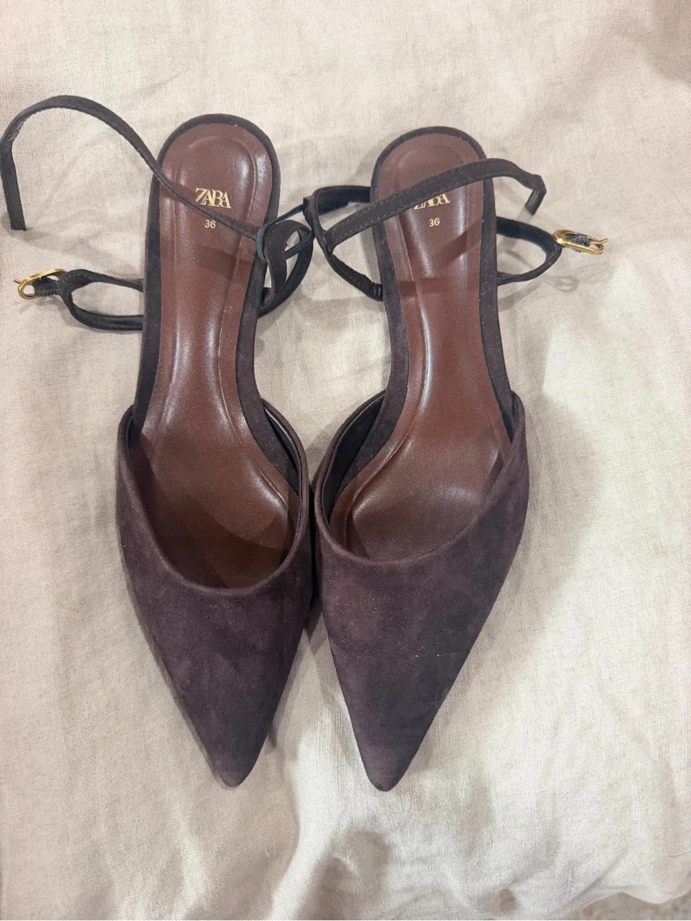 Never Worn: Zara Dark Brown Suede Pointed-Toe Slingback Kitten Heels